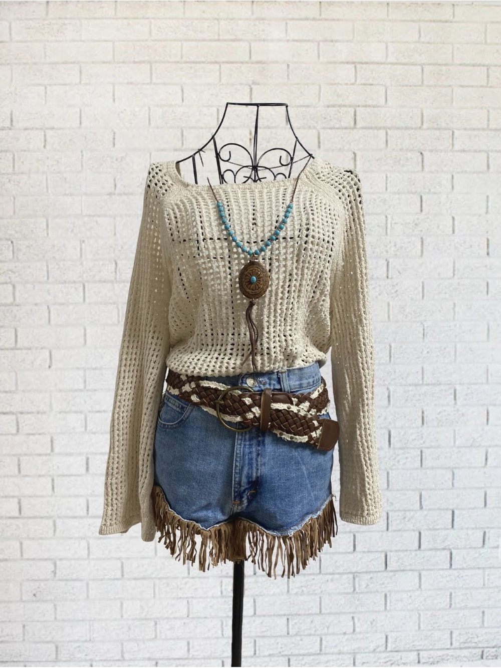 Crochet White Sheer Long Sleeve Top Shirt Sweater Bell Sleeve Boho Bohemian Chic
